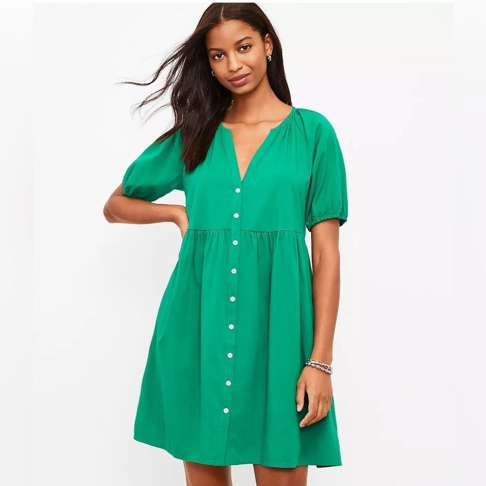 LOFT Green Button Front Mini Swing Dress with Pockets‎ Size XXL